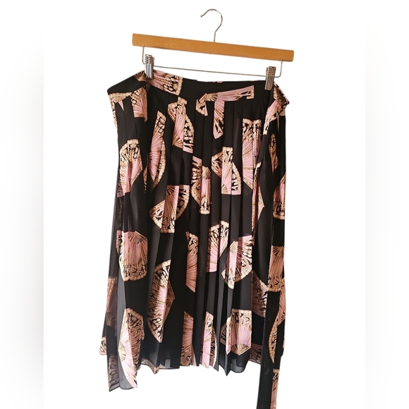 Ann Taylor Black Pink Fan Floral Pleated Side Tie Midi Skirt Sz 14 WSK147 - Picture 6 of 9